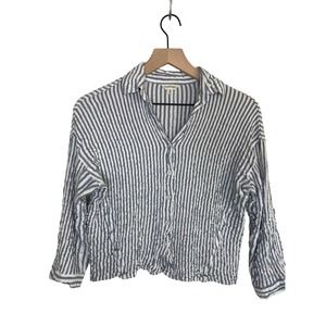 MAX STUDIO Top Small Crinkle Stripe Button Up Roll Tab Sleeve Rayon Cotton Blue